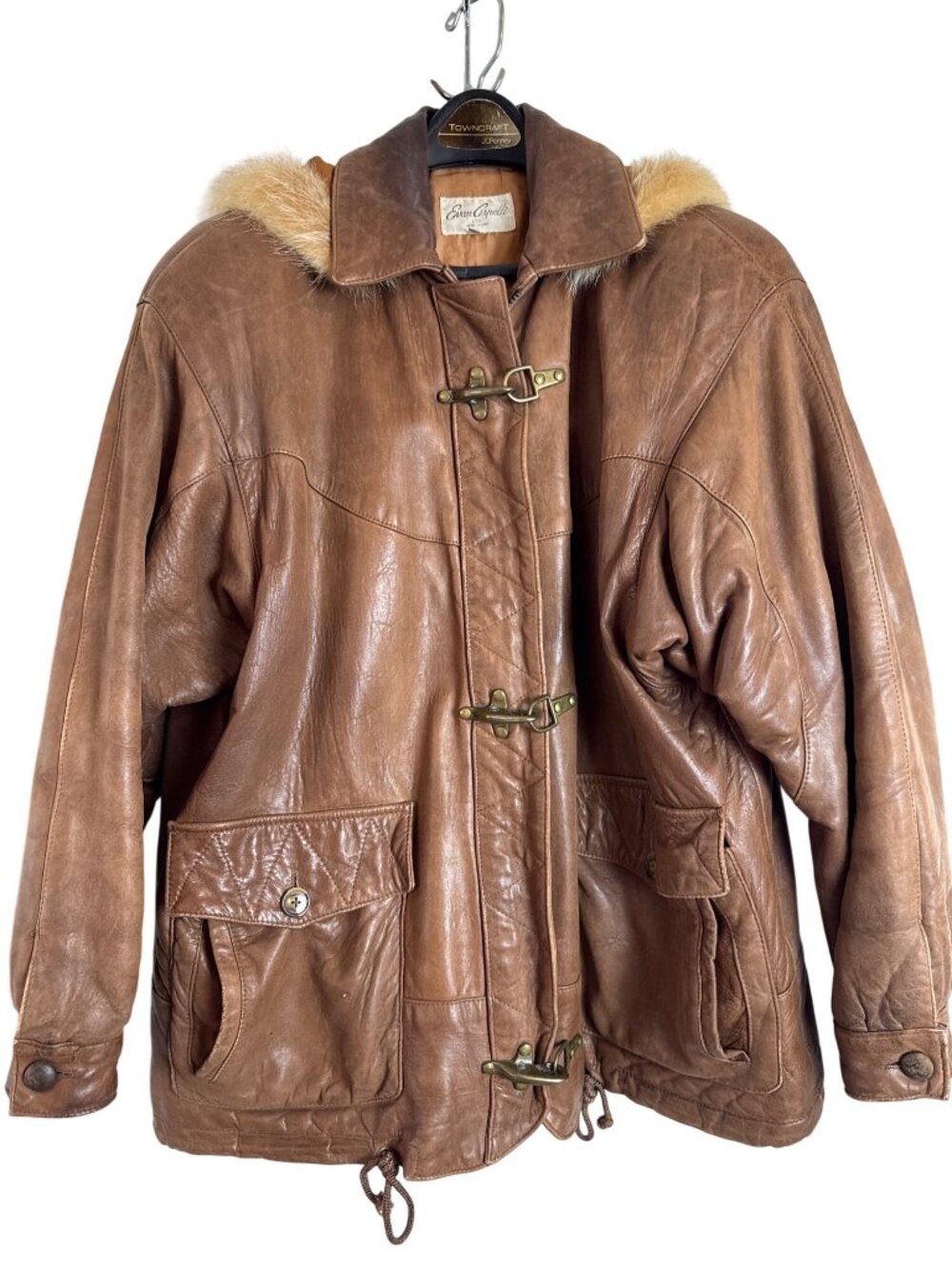Evan Arpelli Brown Leather Jacket Coat Grunge Removable Hood Toggle Size L